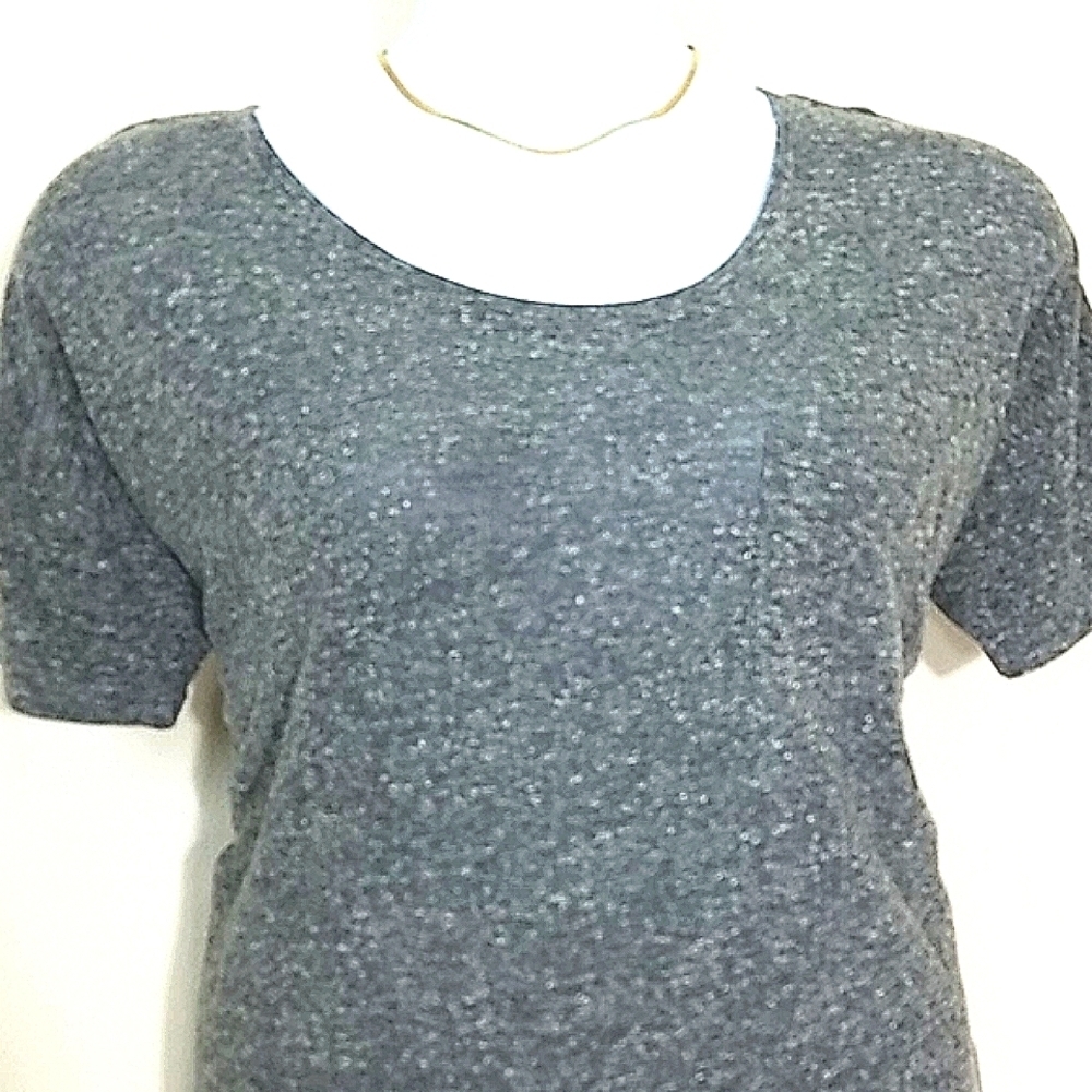Linen Blend T-shirt short sleeve crew neck boyfriend front pocket Gray Relaxed - Picture 2 of 6